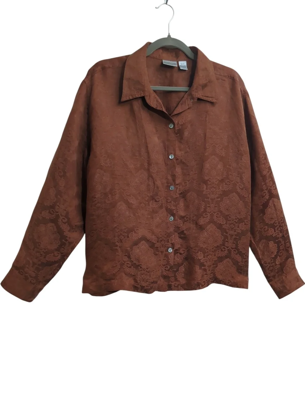 Chico’s Sz 3 Luxe Silk Linen Blend Paisley Damask Button Front Shirt Minimalist